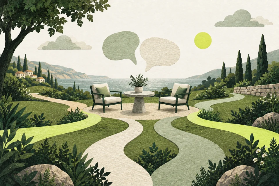Paths converge on two empty chairs and a table beneath two wordless speech bubbles.