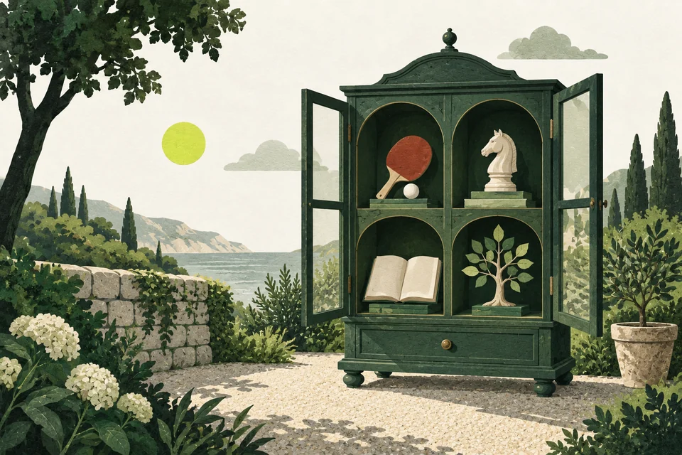 A cabinet of curiosities in a garden, holding a paddle, chess knight, book and tree.