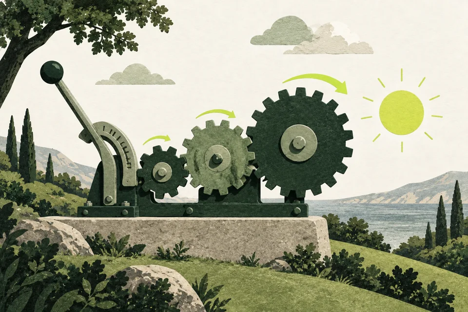 Three green paper gears on a base, with a brake lever and a glowing lime disc.