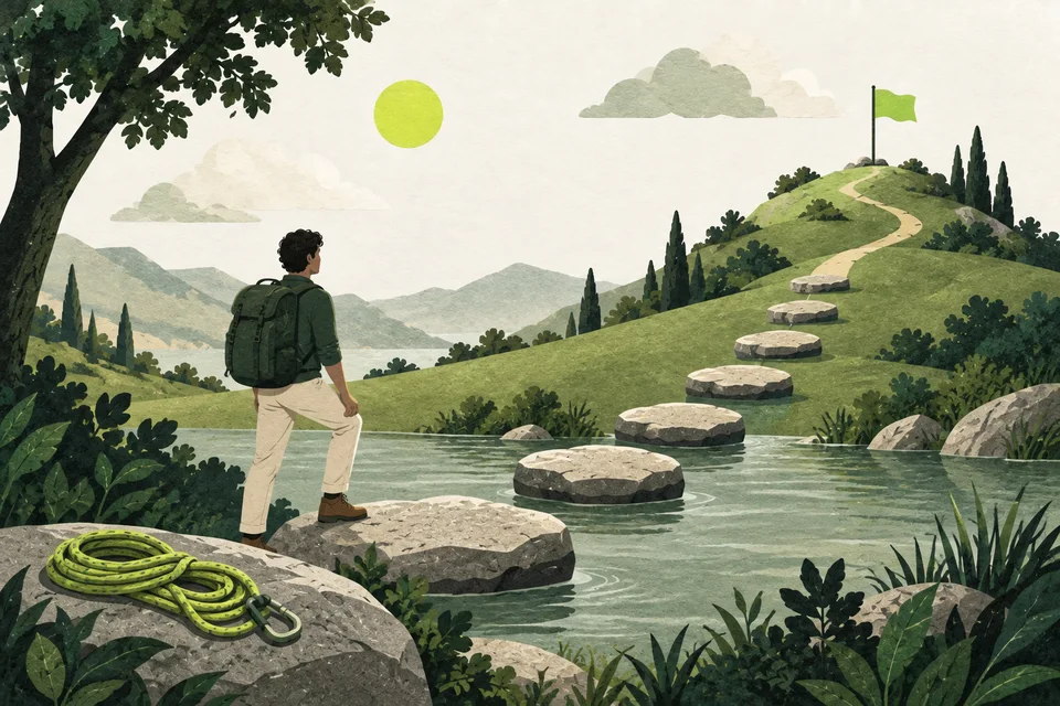 A hiker crosses stepping stones towards a flag on a hill, with a lime rope in the foreground.