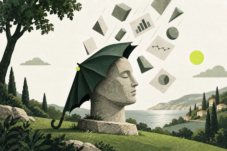 Un busto di pietra protetto da un ombrello mentre piovono forme geometriche e fogli con grafici.