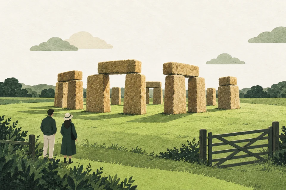 Two visitors look at large straw bales arranged like a stone circle in a field.