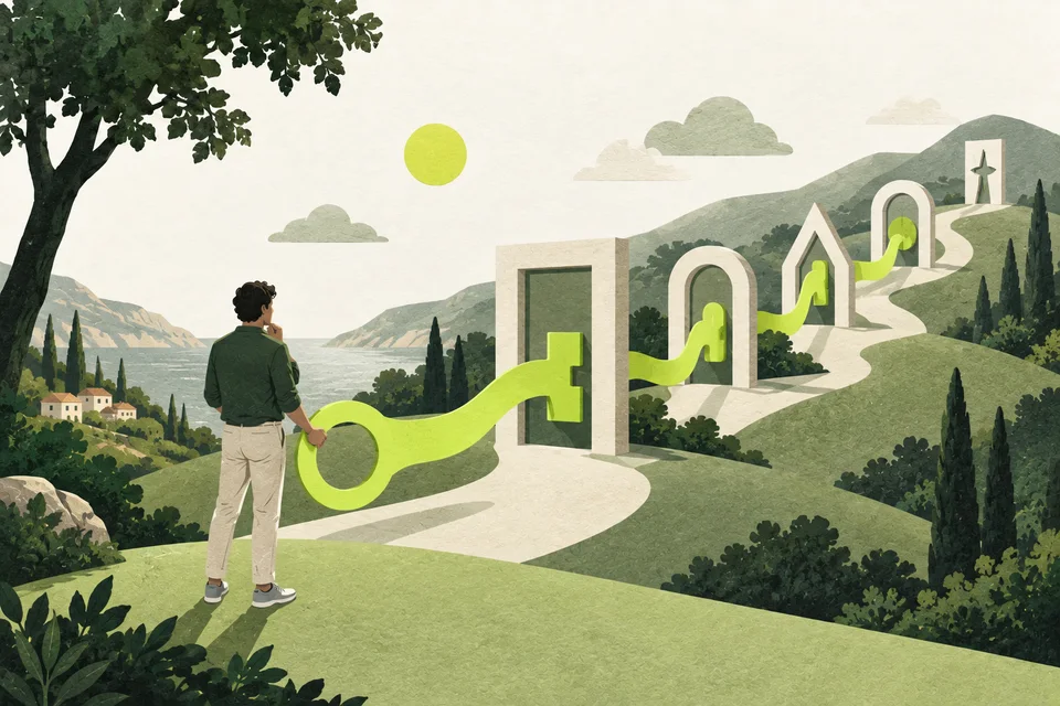 Una persona tiene una lunga chiave lime che cambia forma attraversando porte diverse lungo una collina.