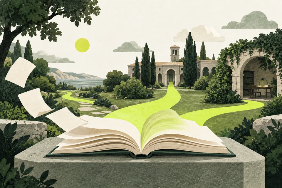 An open book turns its pages into a lime path through a courtyard, branching towards a garden and a study space.