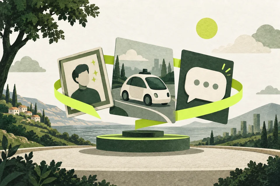 Tre riquadri con un avatar, un'auto e un fumetto sono uniti da un nastro lime.