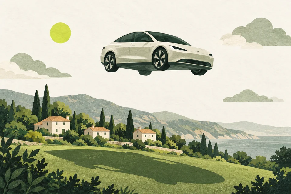 Un’auto di carta sospesa sopra tre case, con una grande ombra sul terreno, colline verdi e un piccolo sole lime.