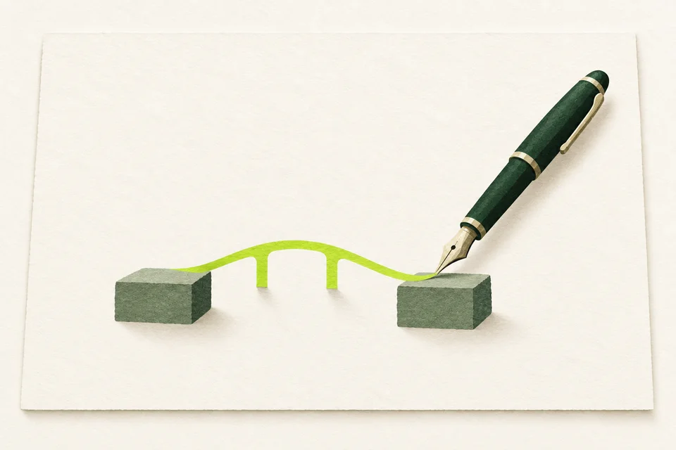 Una penna traccia un piccolo ponte verde fra due blocchi di carta, mostrando l’utilità di uno strumento.