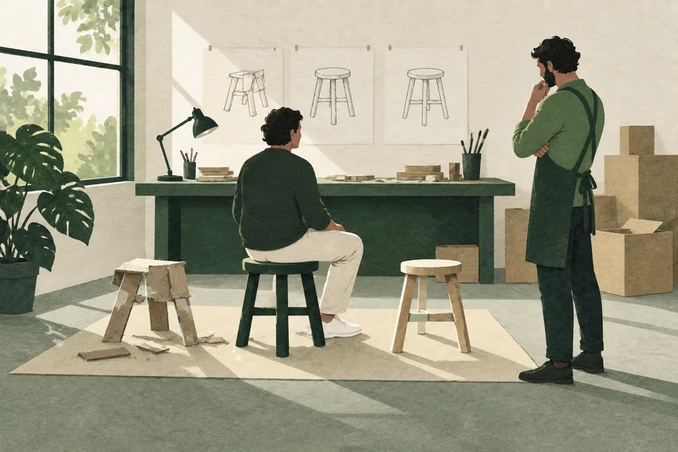 Two people assess stool prototypes in a workshop among cardboard and drawings.
