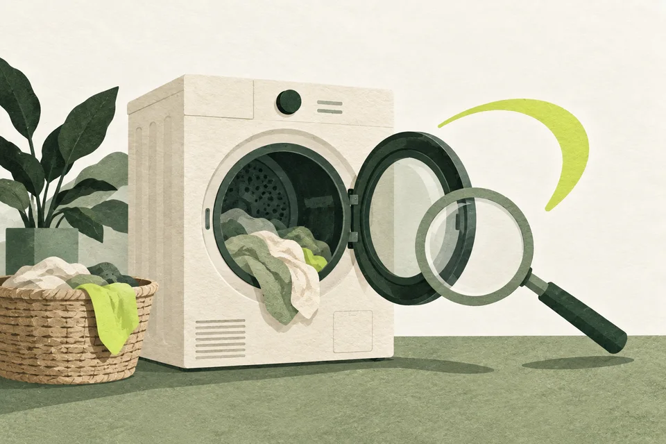 A paper tumble dryer with an open green door and a sage magnifying glass pointing towards the opening.