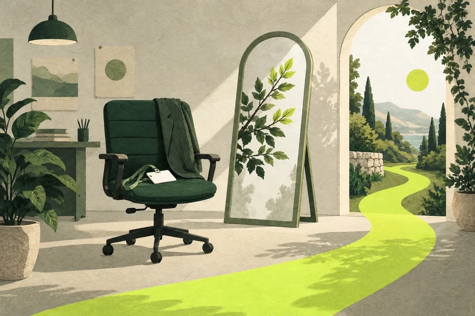 An empty office chair with a jacket and badge, a mirror with leaves and a path towards a garden.