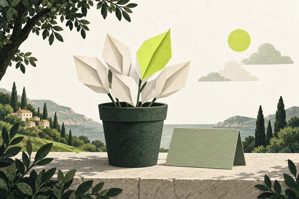 Da un vaso verde crescono foglie crema simili e una foglia lime di forma diversa, vicino a una scheda salvia vuota.