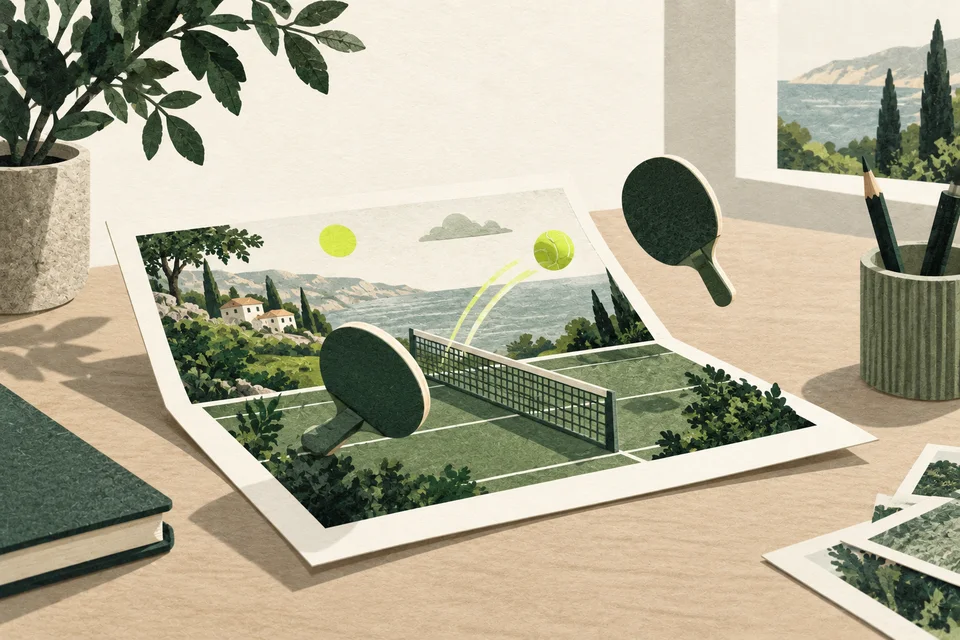 Two geometric paddles and a ball emerge from a photograph frame.