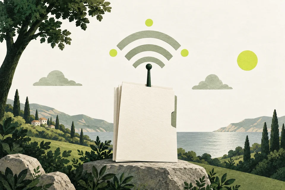 Un’antenna verde emerge da un portfolio di fogli bianchi ed emette onde di carta color salvia e piccoli punti lime.
