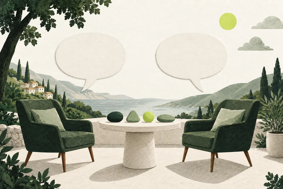 Two empty speech bubbles face each other above four small green and lime shapes.