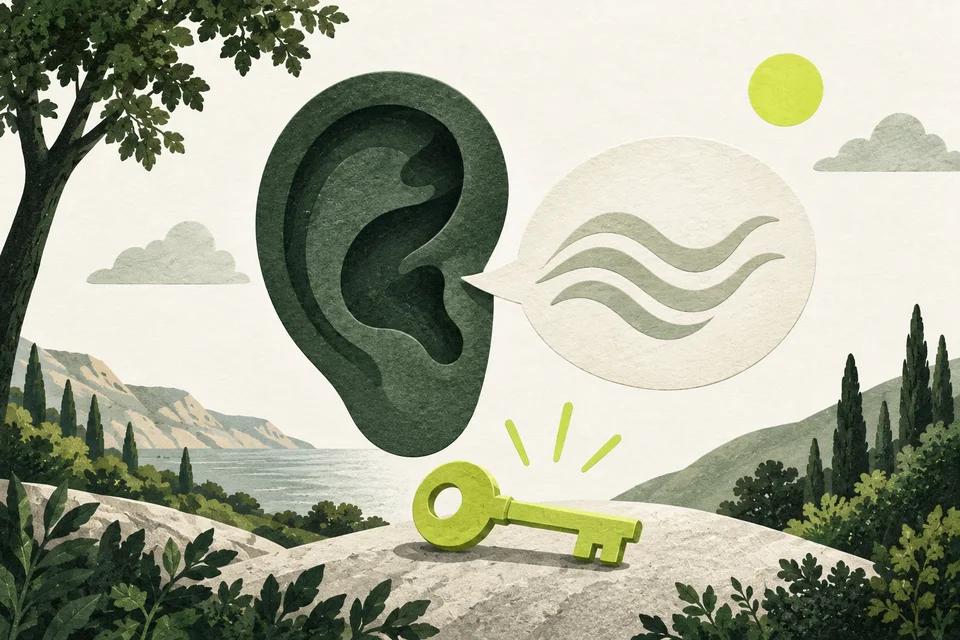 A green paper ear receives a cream speech bubble with sage waves; a small lime key rests below.