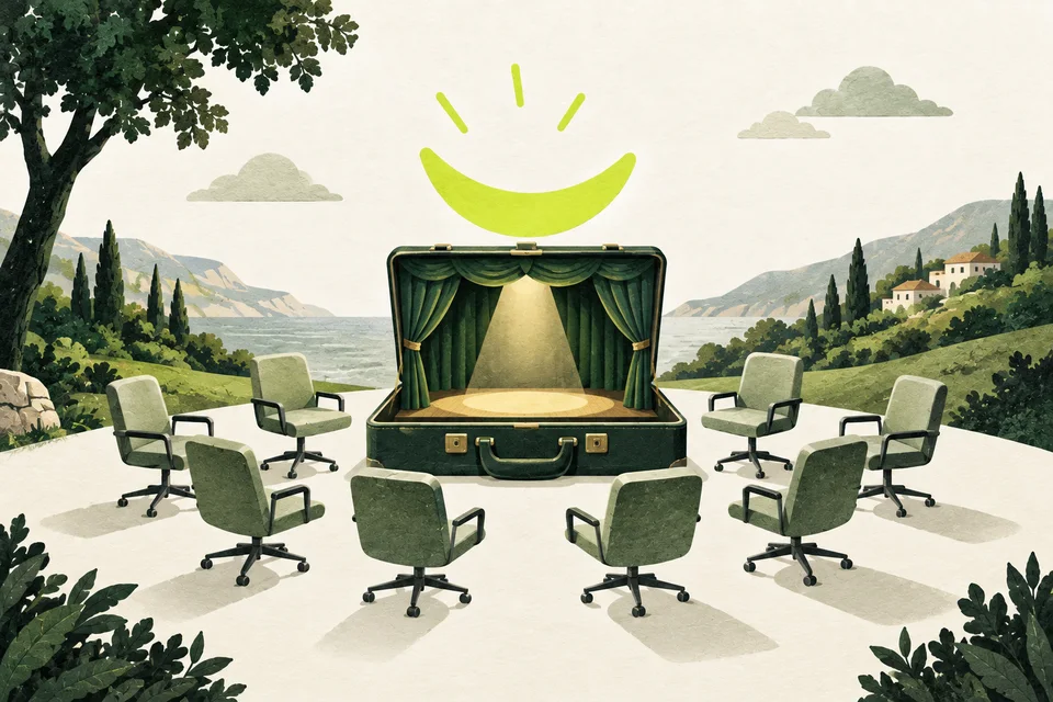 A briefcase becomes a small theatre above a circle of chairs, with a floating lime smile.