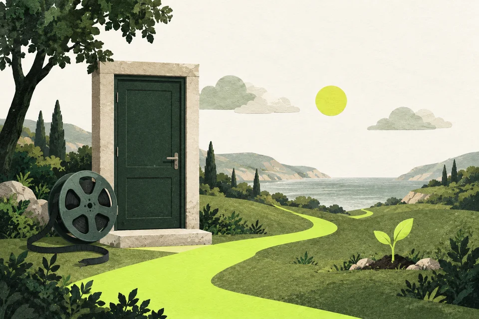 Una porta chiusa e una bobina verde accanto a un sentiero lime che prosegue verso un germoglio di carta.
