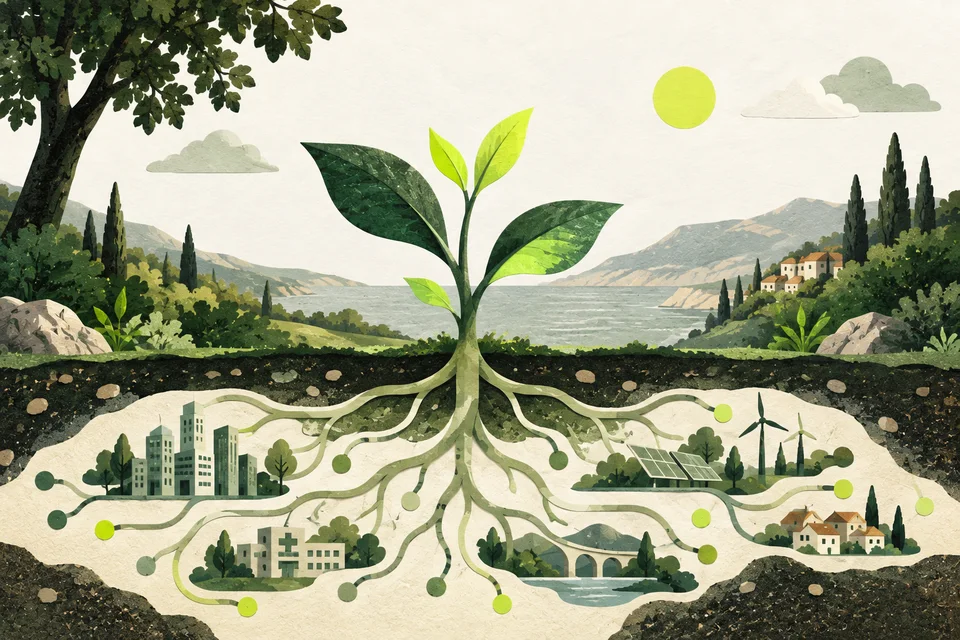 Una piantina verde con radici salvia diffuse nella terra di carta e piccole foglie lime.