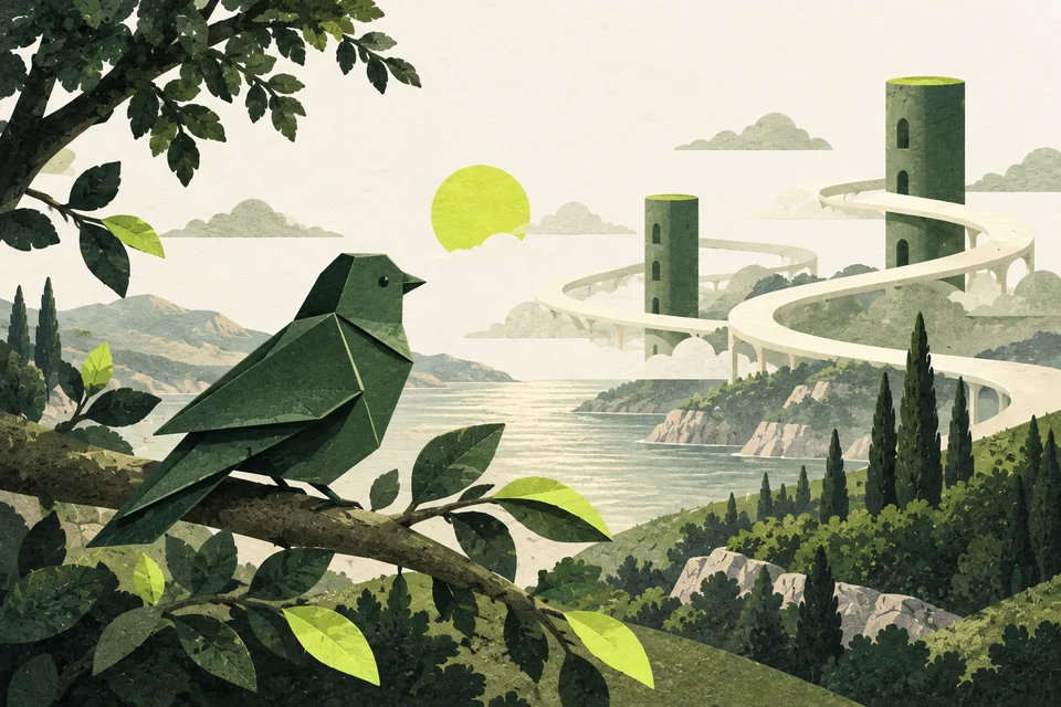 A green paper bird rests on a branch, away from an obstacle path among towers and hills.