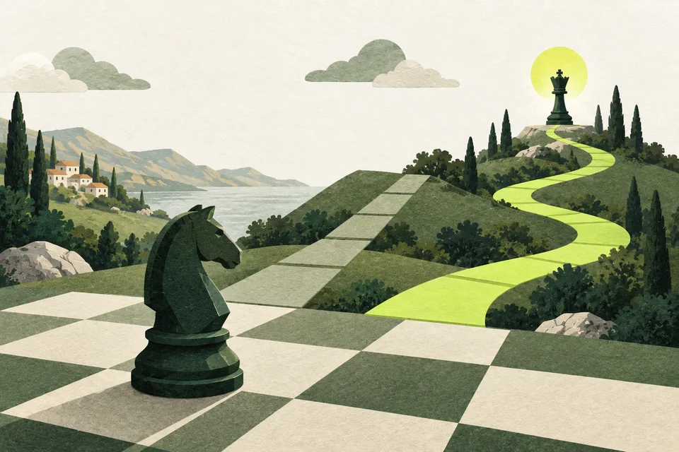 A knight on a paper chessboard with two routes, one lime leading to another piece.