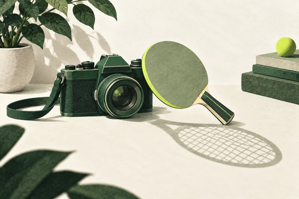 A camera and a table-tennis bat casting a tennis-racket-shaped shadow.