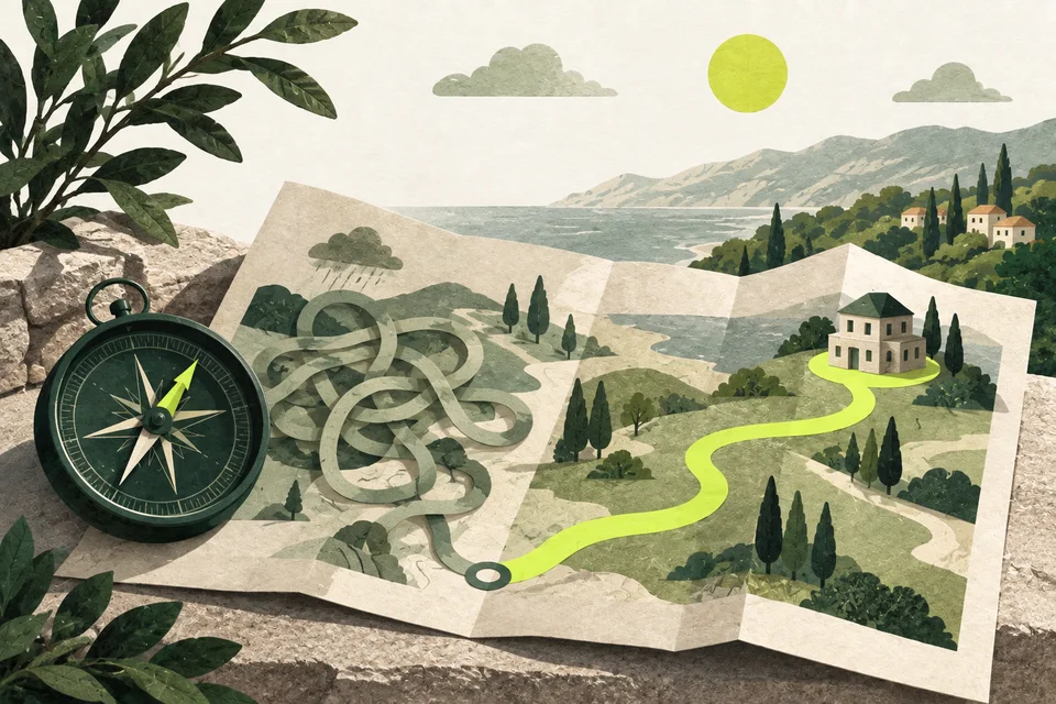A compass and small building on a paper map, with a tangled ribbon becoming a lime route.