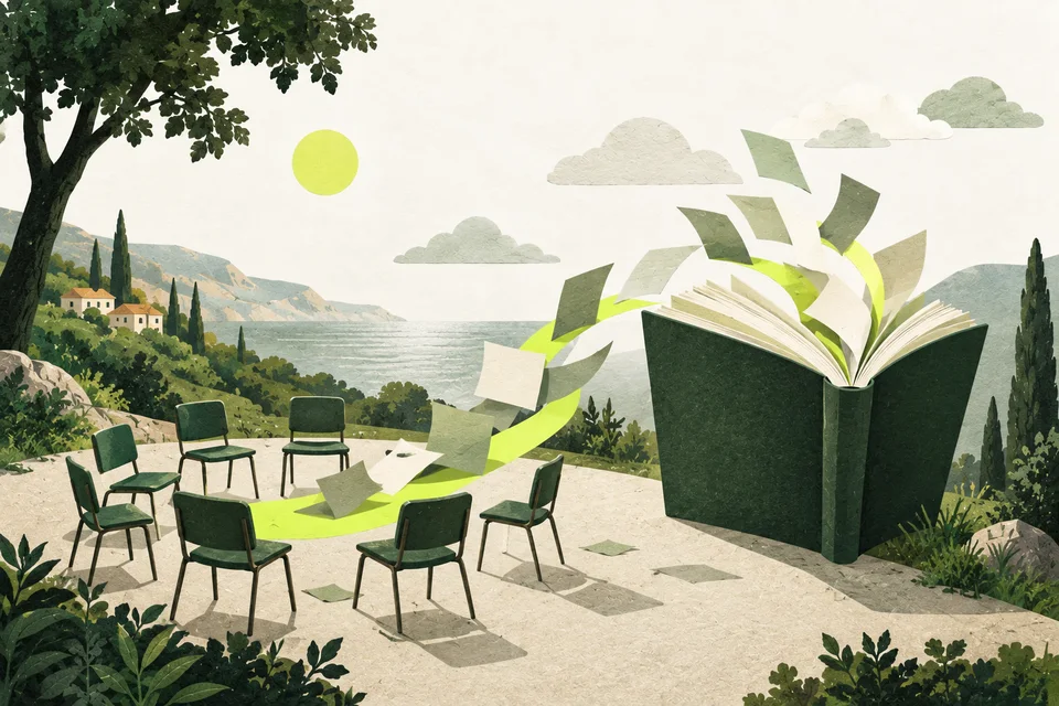 A semicircle of chairs leads to an open book through a lime ribbon.