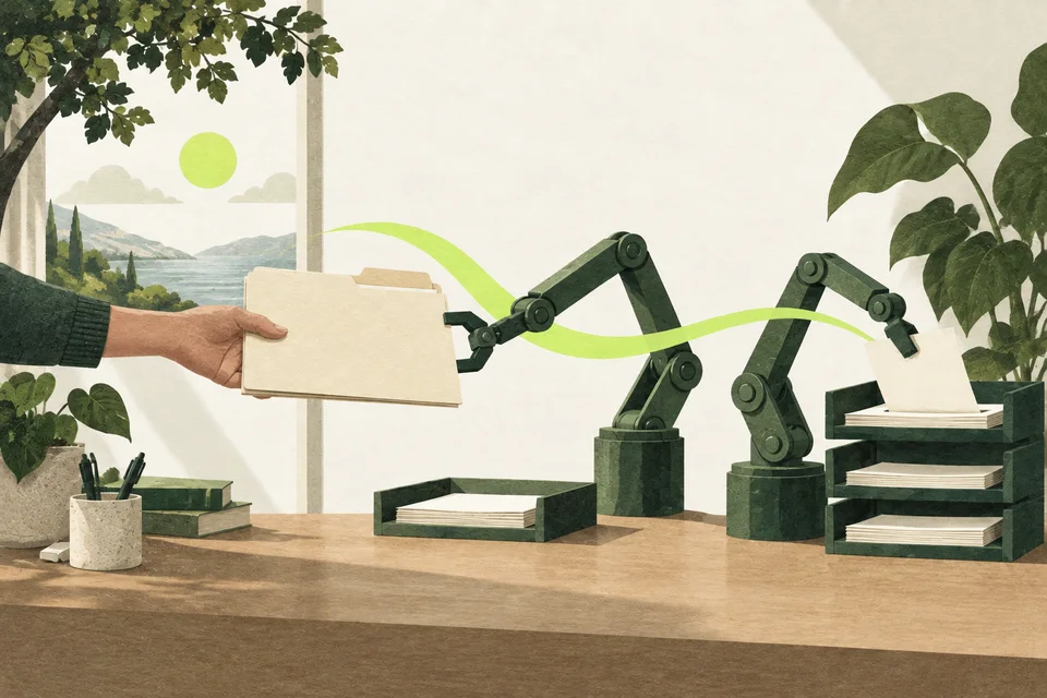 A hand passes a folder to paper mechanisms organising sheets on a desk.