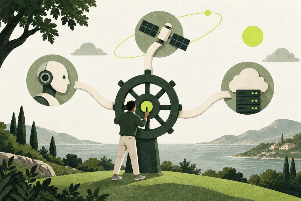 An anonymous figure operates a green wheel linked by cream ribbons to a robot, a server and an abstract satellite.