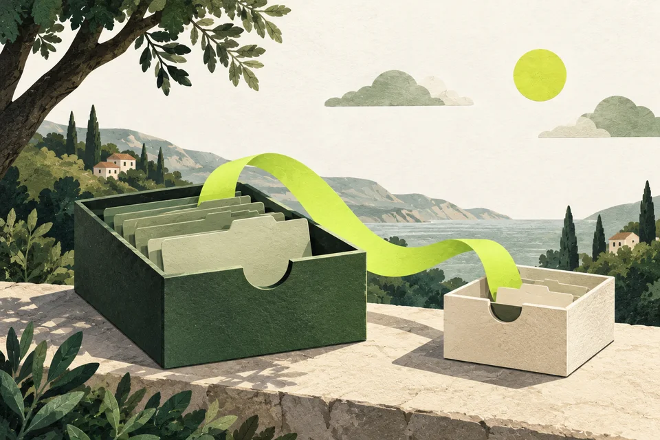 Due cassetti di carta con schede vuote, collegati da un nastro lime.