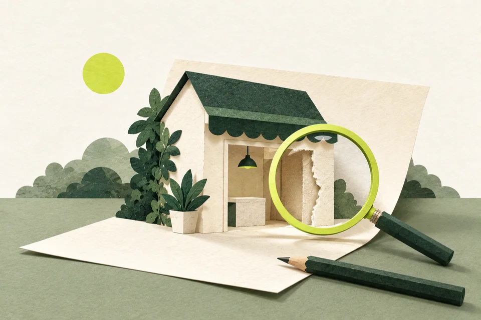 A paper shop with a green roof, a pencil and a lime magnifier in front of a doorway awaiting refinement.