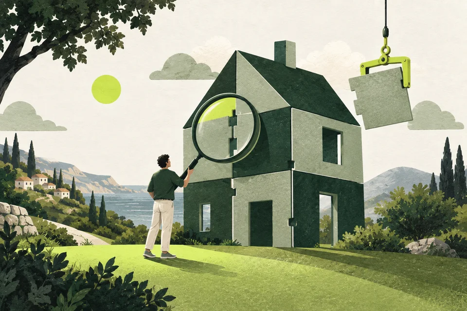 A modular paper house with a lime clamp and a magnifying glass over its joints.