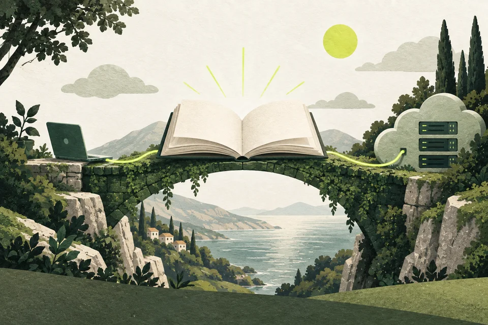 An open book bridges a laptop and a cloud, connected by a lime cable.