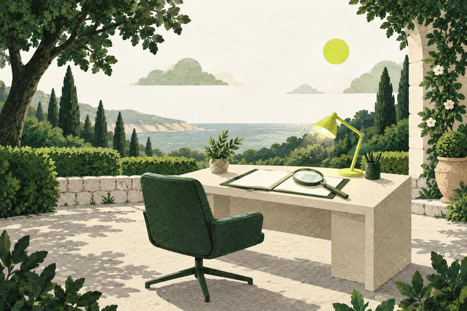 Una sedia verde davanti a una cartella aperta, con una lente e una piccola lampada lime sul tavolo.