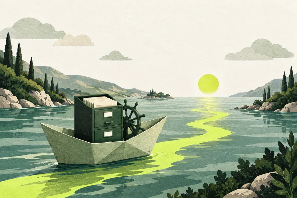 A small boat carrying neatly filed cards and a ship’s wheel follows a lime track across the water.