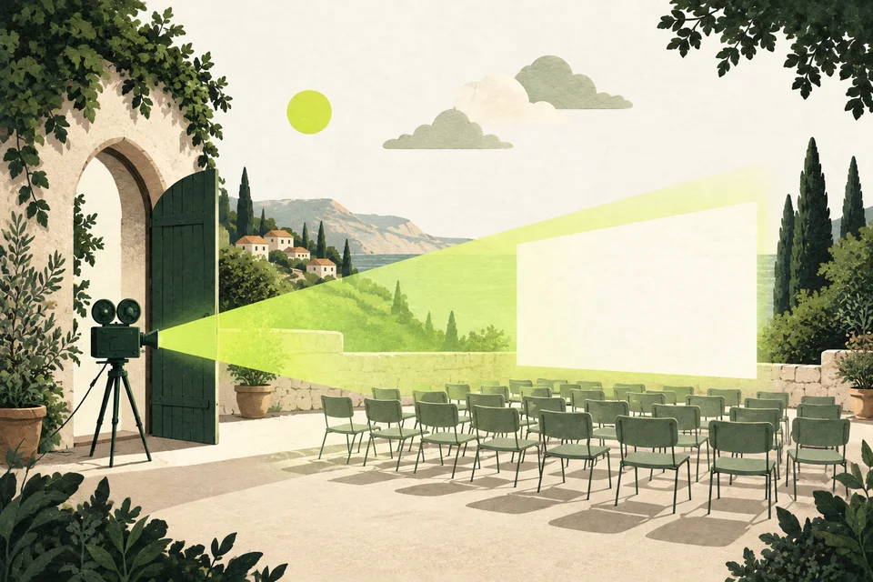 A small projector sends a lime beam through a doorway toward rows of seats.