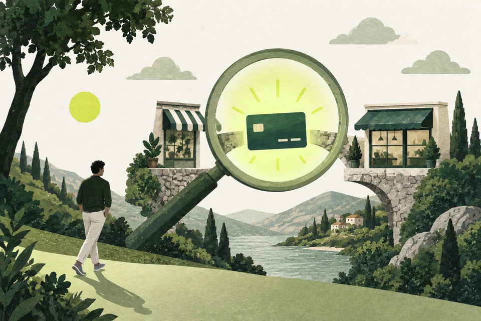 A magnifying glass focuses on a card between two shops connected by a bridge.