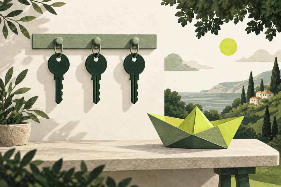 Three identical green keys above a workbench with a paper boat folded in lime and sage.