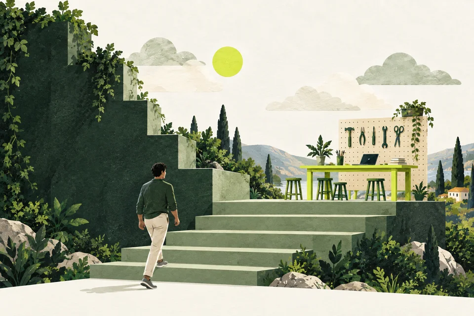 A wall becomes steps leading to a lime workbench.