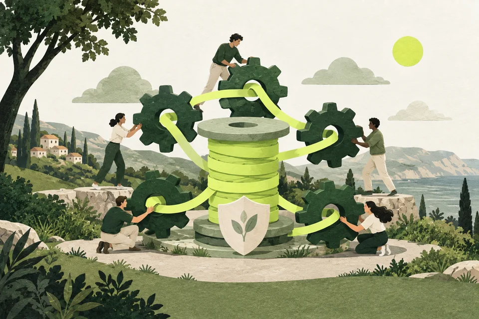Paper gears linked by a lime ribbon surround a spool and a shield.