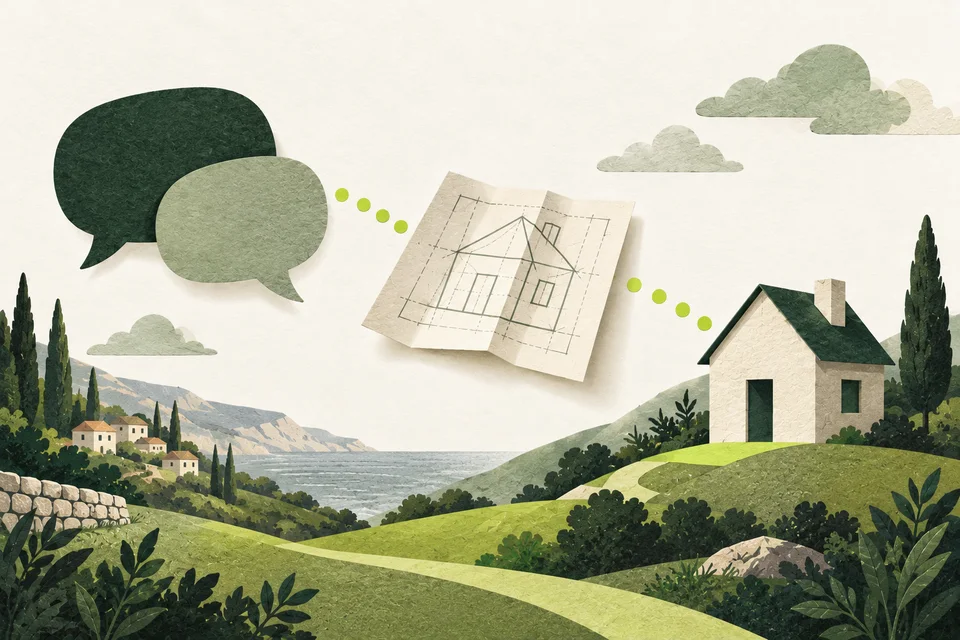 Two green paper speech bubbles lead to a folded plan becoming a small house, linked by lime dots.