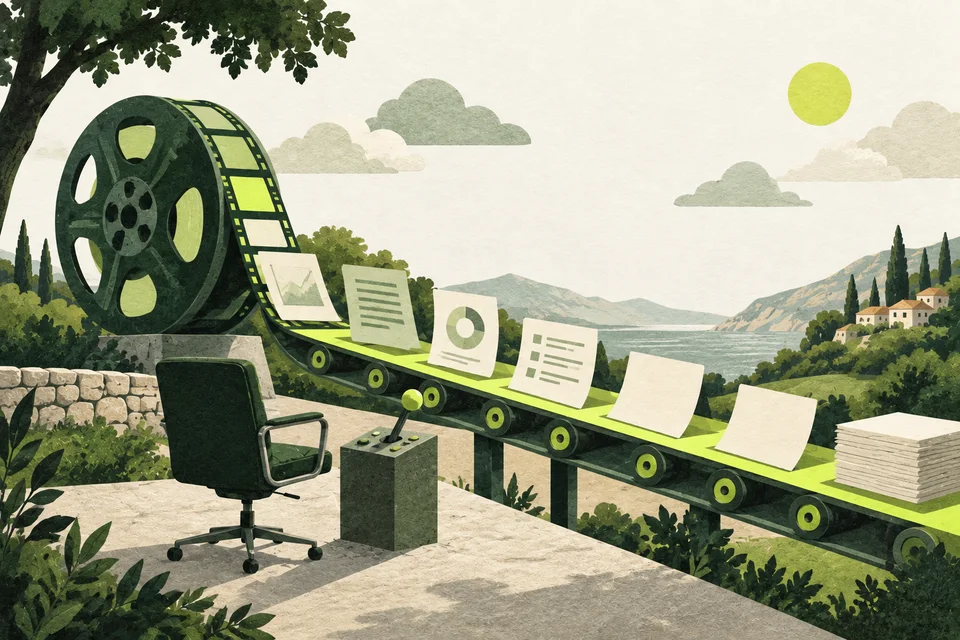 A film reel unfolds into cards on a lime conveyor beside a chair and lever.