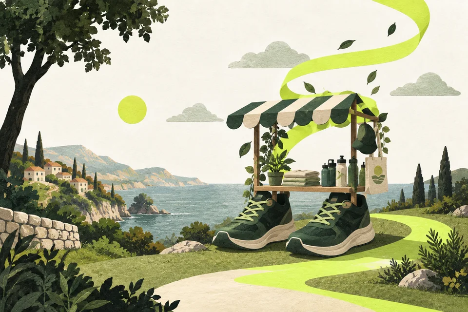 Scarpe da corsa diventano un piccolo chiosco lungo un sentiero sul mare, con un nastro lime.