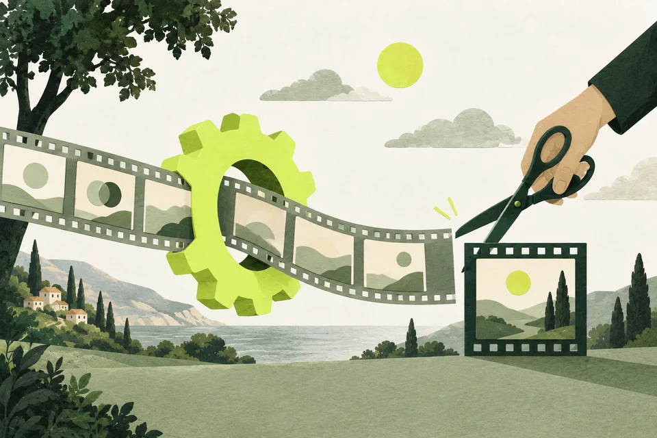 A filmstrip passes through a lime gear while green scissors guide it toward a finished frame.