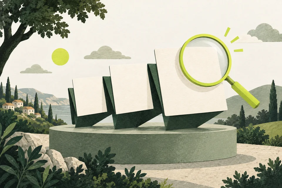 Three cream panels emerge from a green paper mechanism; a lime lens examines the final panel.