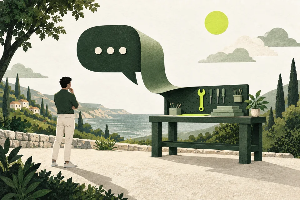 A green speech bubble turns into a workbench with a lime wrench.