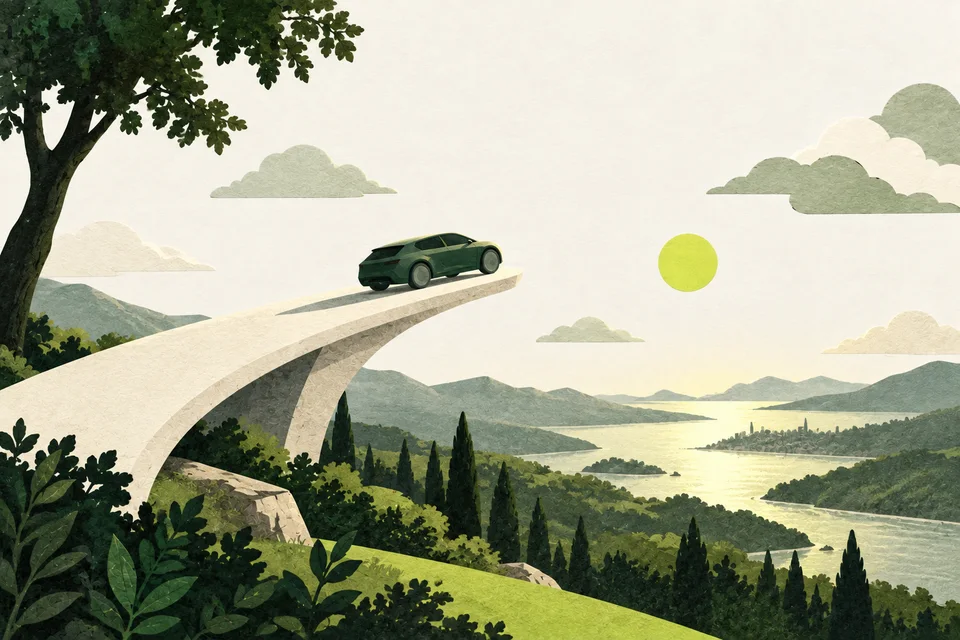 A small green car on a cream paper ramp, with a shadow opening towards the horizon.
