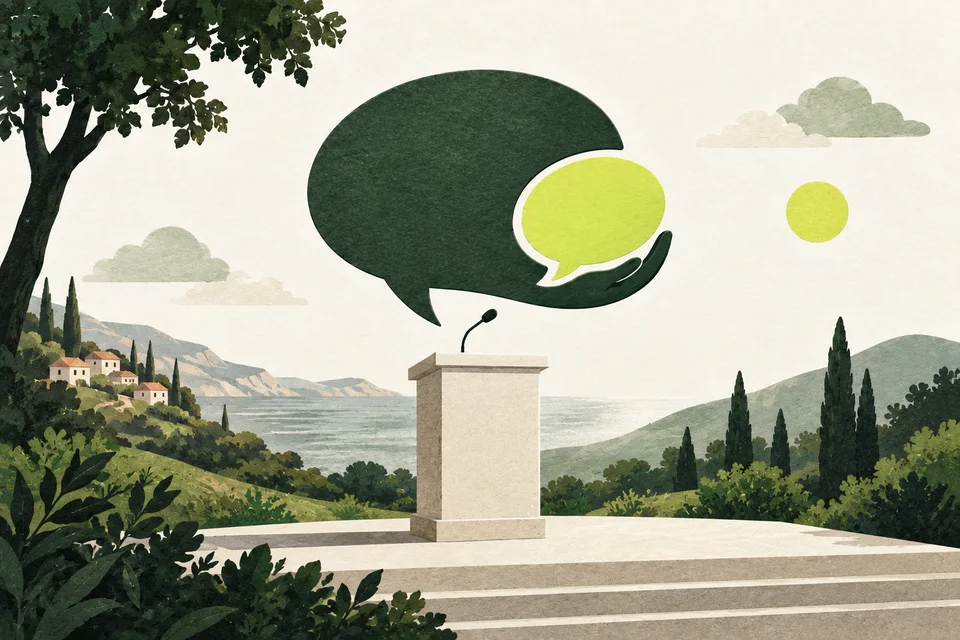 Two blank speech bubbles above a cream podium, a green one welcoming a smaller lime bubble.