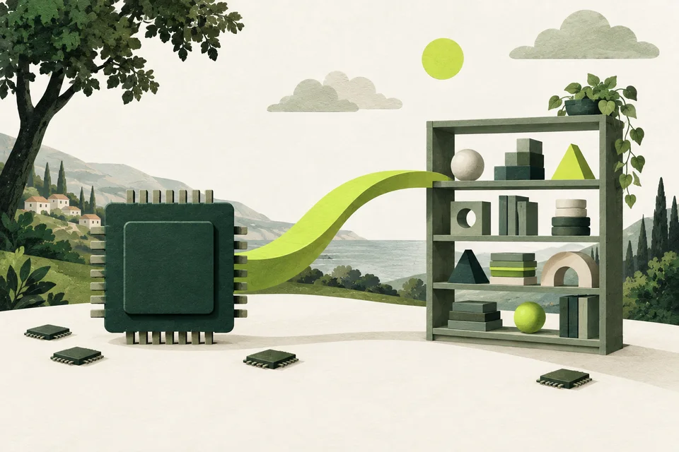 A large green microchip linked by a lime bridge to a shelf of geometric shapes in a paper landscape.