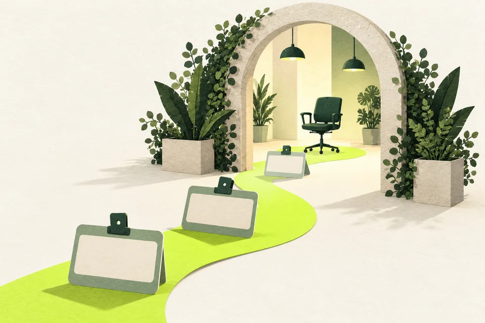 An arched entrance and lime path connect blank name badges to an office chair.